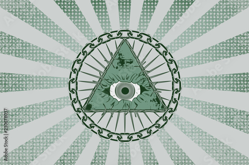 graphic pyramid of barbed wire with an eye of the skull in a circle of metal chain. background of rays in green tones