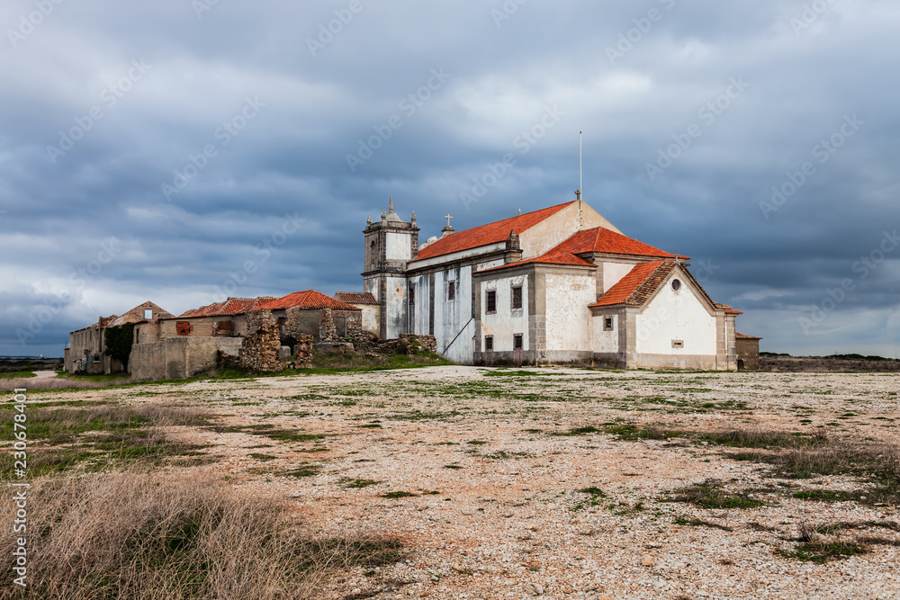 Back of the Church of Santuario de Nossa Senhora do Cabo or Pedra Mua Sanctuary. Cabo Espichel Cape. Baroque architecture. Sesimbra, Portugal