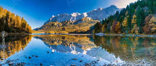 Panorama image of mountains with water reflection in the lake photo