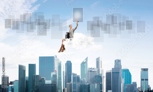 Elegant lady boss or accountant float on cloud and pointing with finger
