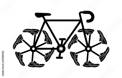 Running shoes on bike wheel. Simple ride icon.