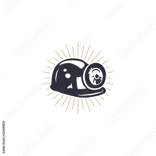 Retro Mining Helmet Icon with Built-in Light and Metal Brackets. Silhouette miner symbol. Stylish mine monochrome vector illustration.