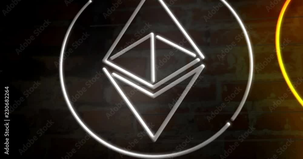 Bitcoin, ethereum and ripple neon icon in 3D rendered animation. Cryptocurrency symbols on brick wall background. Retro style.