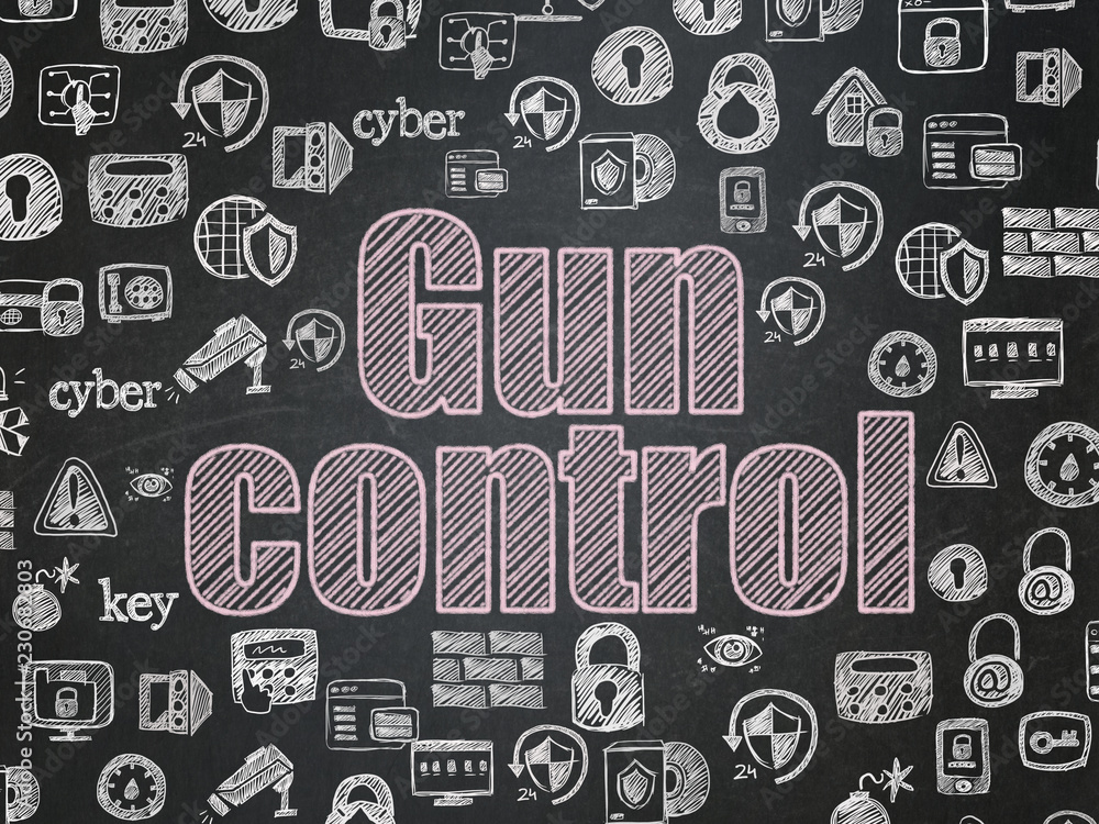 Safety concept: Chalk Pink text Gun Control on School board background with Hand Drawn Security Icons, School Board Safety concept: Chalk Pink text Gun Control on School board background with Hand Drawn Security Icons, School Board