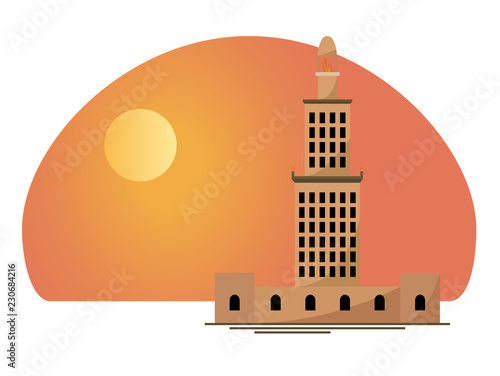 The famous lighthouse of Alexandria from ancient Egypt at sunset. Vector 