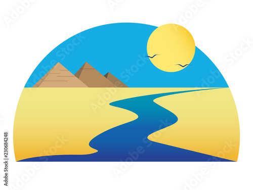 Nile in the desert under the scorching sun. Egyptian pyramids