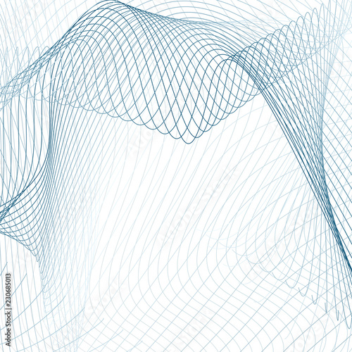 Blue net pattern on white background. Modern abstract design with drapery effect. Vector textile texture. Squiggle subtle lines. Line art sci-tech, technology concept. EPS10 illustration