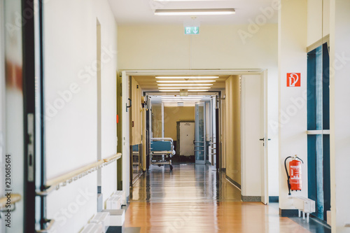 October 2018. Germany Helios Klinikum Krefeld. Interior hospital inside. Spacious deserted corridors of station, floor of new hospital, German European medicine. Theme of health care clinic interior