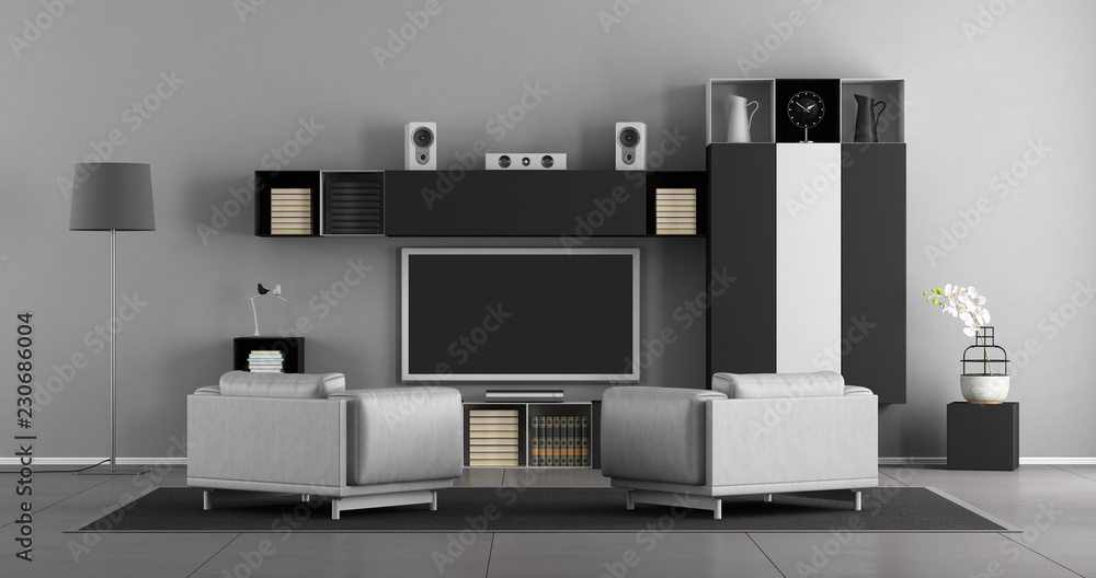 Black and white living room with tv set Black and white living room with tv set