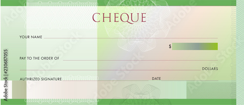 Check template, Chequebook template. Blank green business bank cheque with guilloche pattern rosette and abstract watermark. Background for voucher, banknote design, , gift certificate, ticket, coupon