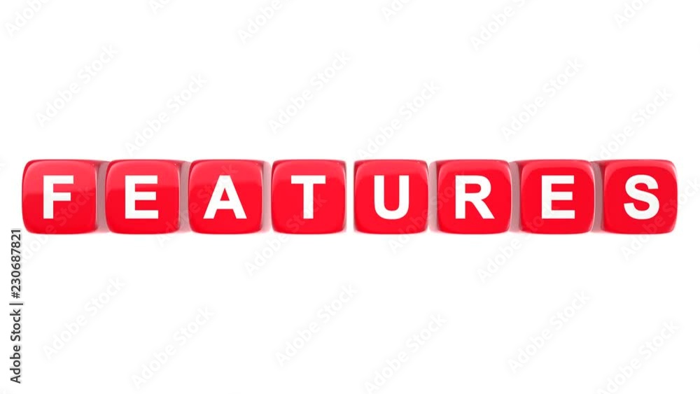 Features text word on red glossy cubes 3D animation on white background Features text word on red glossy cubes 3D animation on white background
