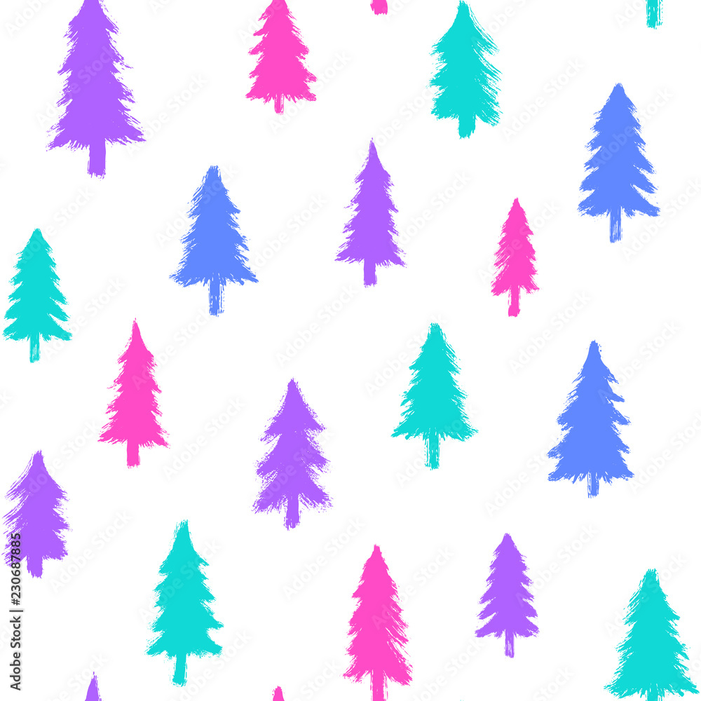 Obraz premium Seamless pattern with colorful Christmas trees isolated on white background. Winter forest wallpaper.