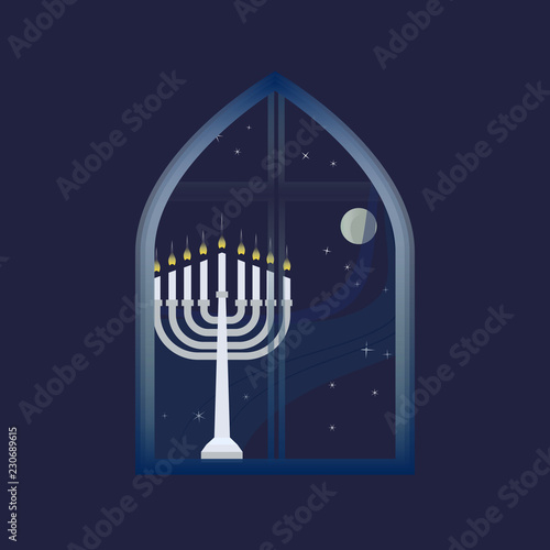 Hanukkah candles with light in night. Jewish Festival of Lights celebration, festive background with menorah symbol. Happy Hanukkah holiday greeting card template. Design element. Vector illustration