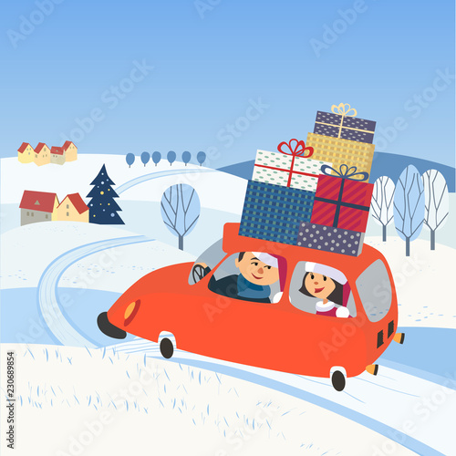 Christmas holiday journey. Happy family drive by car wit gifts to rural community for holidays. Winter season vacation fun concept. Cute minimal cartoon style. Vector New Year funny trip background