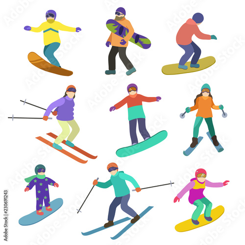 Young people ride downhill in winter sports snowboarding and skiing.