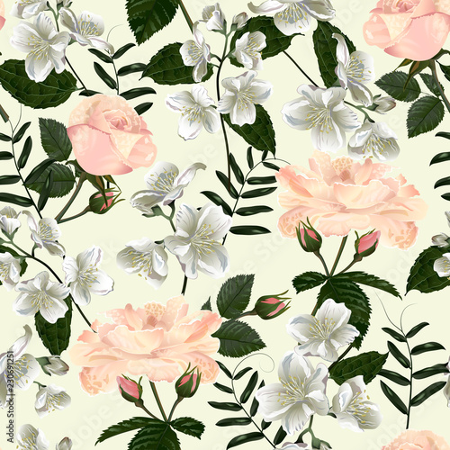 Seamless pattern with jasmine flowers. Modern floral pattern for textile, wallpaper, print, gift wrap, greeting or wedding background.