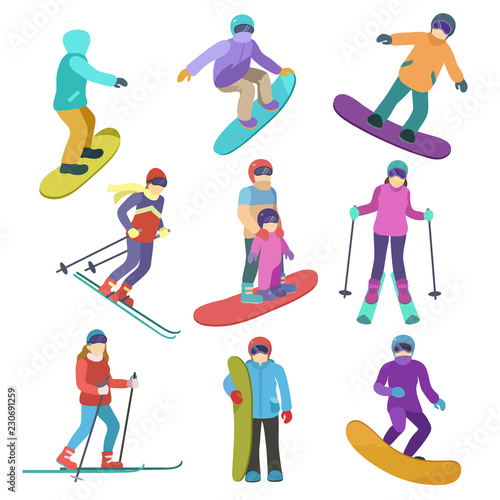 Young people ride downhill in winter sports snowboarding and skiing.