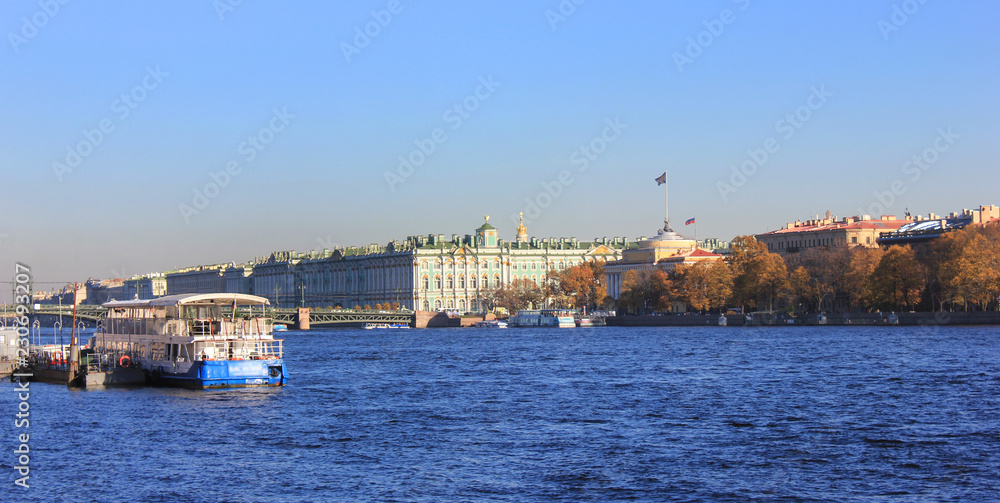 St. Petersburg Cityscape with Cruise Boat on Neva River Winter Palace Historic Architecture on Background. Image of Saint Petersburg, Second Largest City in Russia, Russian Major Travel Destination
