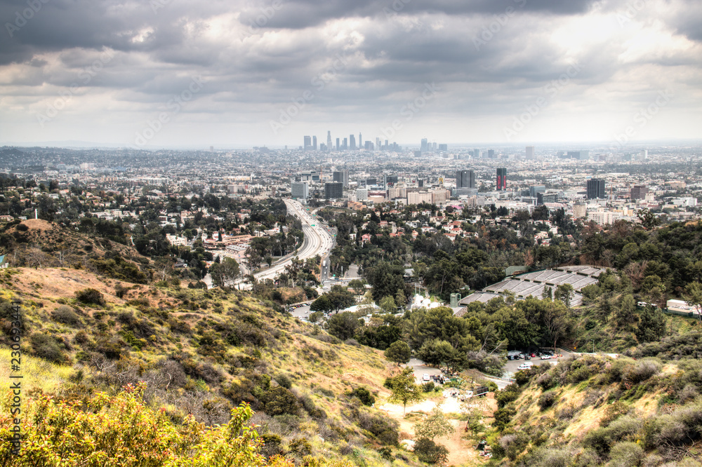 View over the green hills near Hollywood surrounding Los Angeles in the USA
