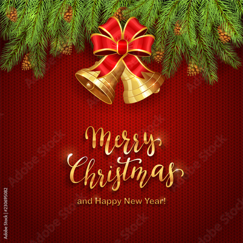 Christmas Lettering on Red Knitted Background with Golden Bells