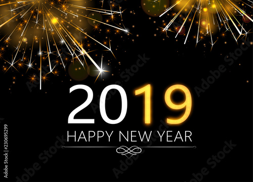 Happy New Year 2019 greeting card with golden firework.