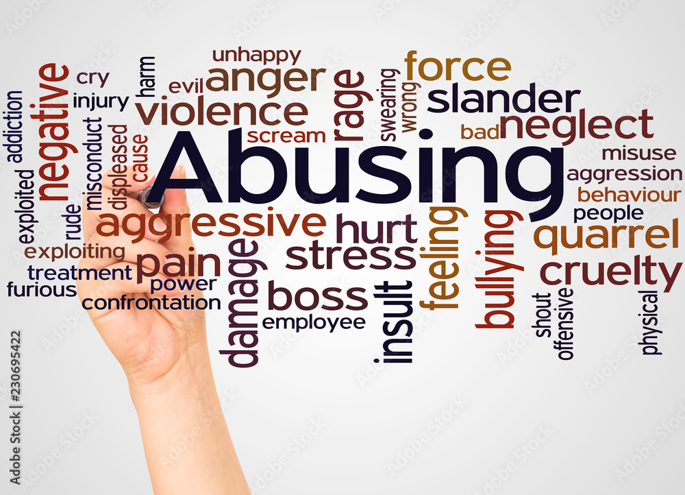 Abusing word cloud and hand with marker concept Abusing word cloud and hand with marker concept