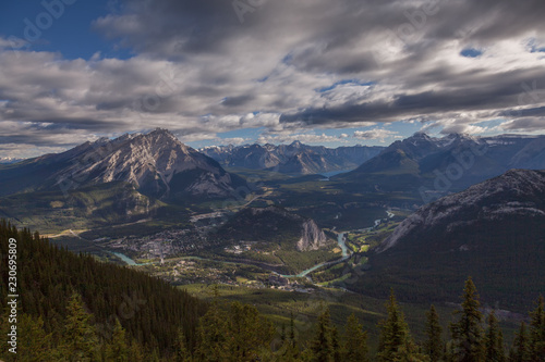  Summer birdview of Cascade Mountain and the city of Banff Alberta from the summit of Sulphur Mountain in Banff National Park in Alberta