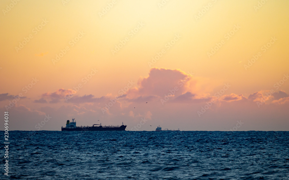 Cruise Ship in the Horizon at Sunset