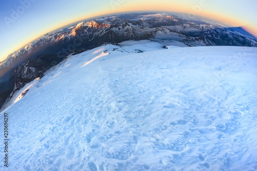 The main Caucasus range with mount Elbrus at dawn shot with a fisheye