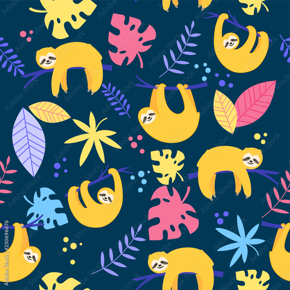 Vector seamless pattern with cute yellow sloth and colorful tropical leaves
