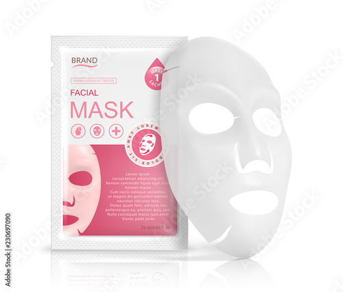 Facial sheet mask sachet package. Vector realistic illustration isolated on white background. Beauty product packaging design templates.