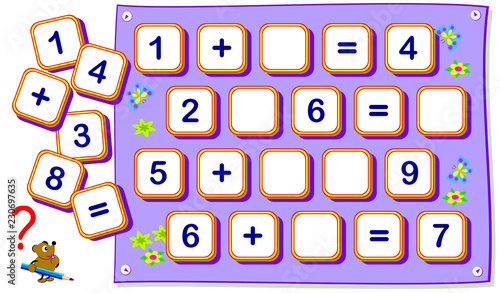 Mathematical exercises for kids on addition. Find missing signs and draw them in empty squares. Logic puzzle game for young children with numbers. Developing counting and writing skills. Vector image.