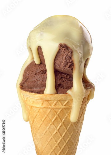 chocolate ice cream poured with condensed milk on a white background photo