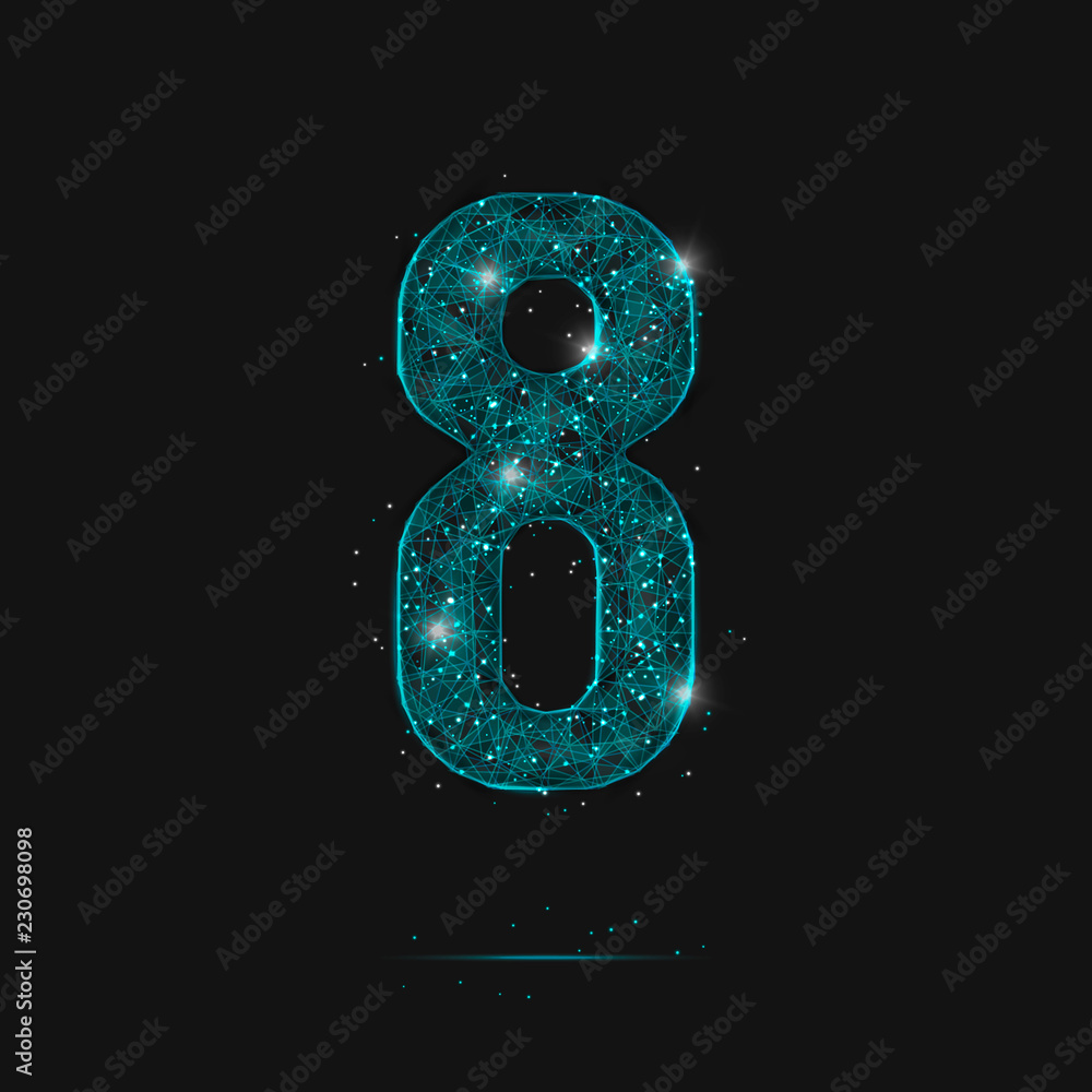Abstract isolated blue image of a number eight. Polygonal illustration looks like stars in the blask night sky in spase or flying glass shards. Digital design for website, web, internet.