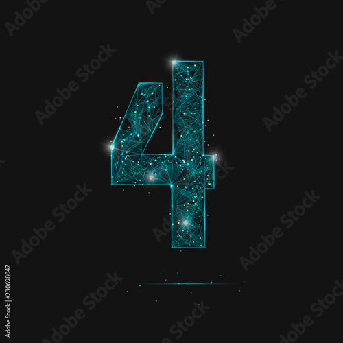 Abstract isolated blue image of a number four. Polygonal illustration looks like stars in the blask night sky in spase or flying glass shards. Digital design for website, web, internet.
