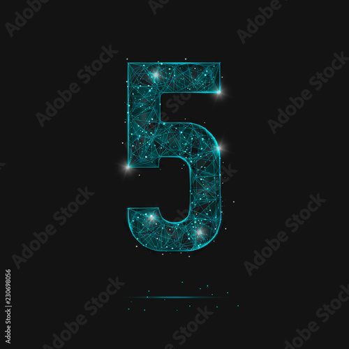 Abstract isolated blue image of a number five. Polygonal illustration looks like stars in the blask night sky in spase or flying glass shards. Digital design for website, web, internet.