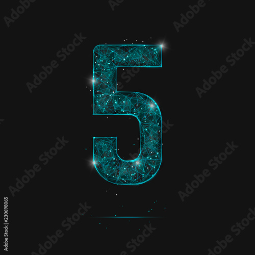 Abstract isolated blue image of a number five. Polygonal illustration looks like stars in the blask night sky in spase or flying glass shards. Digital design for website, web, internet.