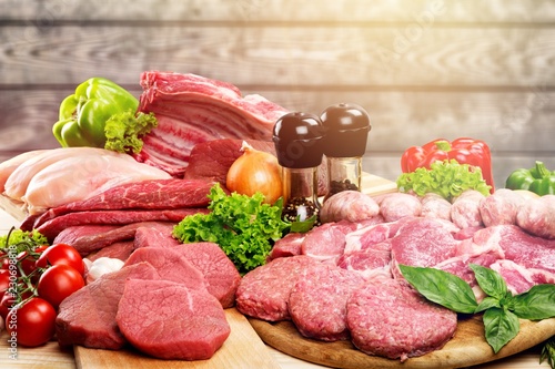 Fresh Raw Meat Background with vegetables, meat concept, butcher