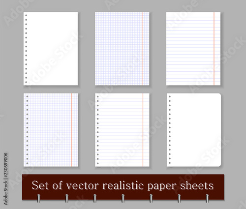 In a cage, ruler and blank sheets of paper notebook or notebook with perforation and without. Set of vector realistic paper sheets. in a ruler, a cell and no markup, isolated on a light background.