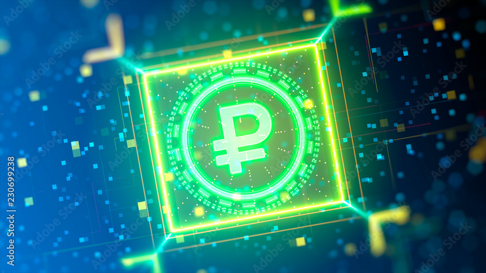 Russian ruble currency logo. Rouble financial sign on digital background. Closeup with depth of field, bokeh, neon lights. Stock Illustration | Adobe Stock Russian ruble currency logo. Rouble financial sign on digital background. Closeup with depth of field, bokeh, neon lights. Stock Illustration | Adobe Stock