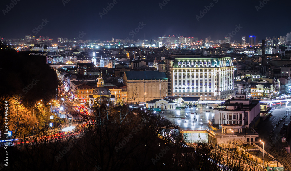Panorama of night city landscape, historical district of city Kiev.