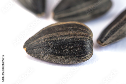 Sunflower seeds isolated on white background, close up