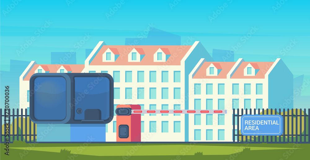 Entry through the barrier which is raised to pass the car. Toll gate with reception booth. Checkpoint to residential area. Vector flat style illustration.