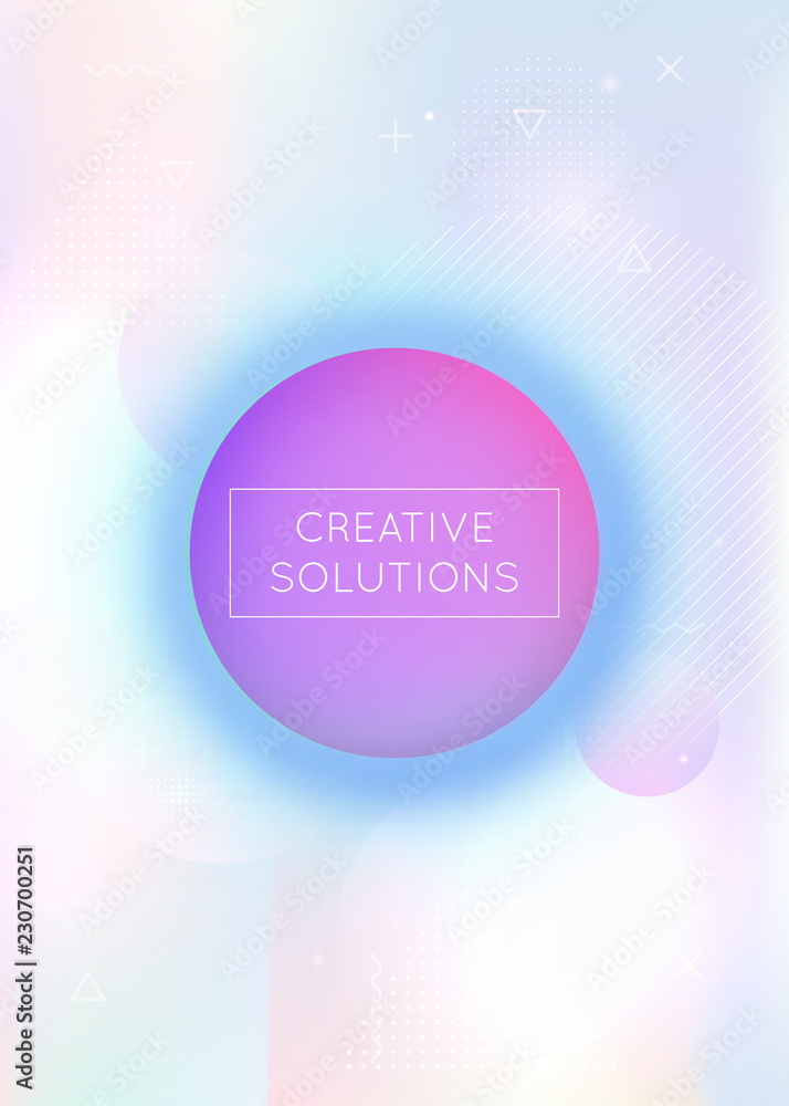 Bauhaus background with liquid shapes. Dynamic holographic fluid with gradient memphis elements. Graphic template for book, annual, mobile interface, web app. Iridescent bauhaus background.