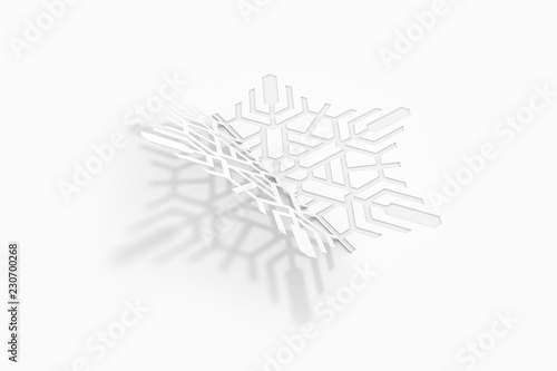 Carved paper snowflake folded in half  bent  casts a beautiful shadow on a white background 3d illustration
