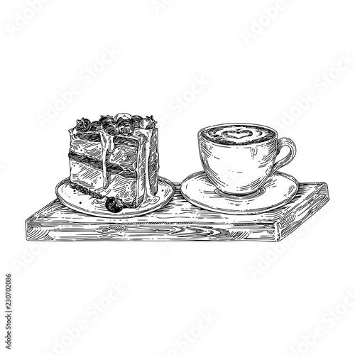 Cup of coffee cappuccino and piece of blueberry cake on wooden tray. Sketch. Engraving style. Vector illustration.