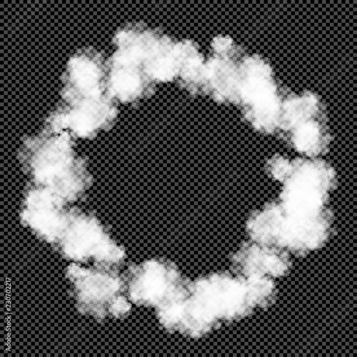 White Smoke Ring, Curl Isolated on Transparent Background  - Vector Circular Smoke Puff, Steam, vapor, Blow, Round Frame etc

