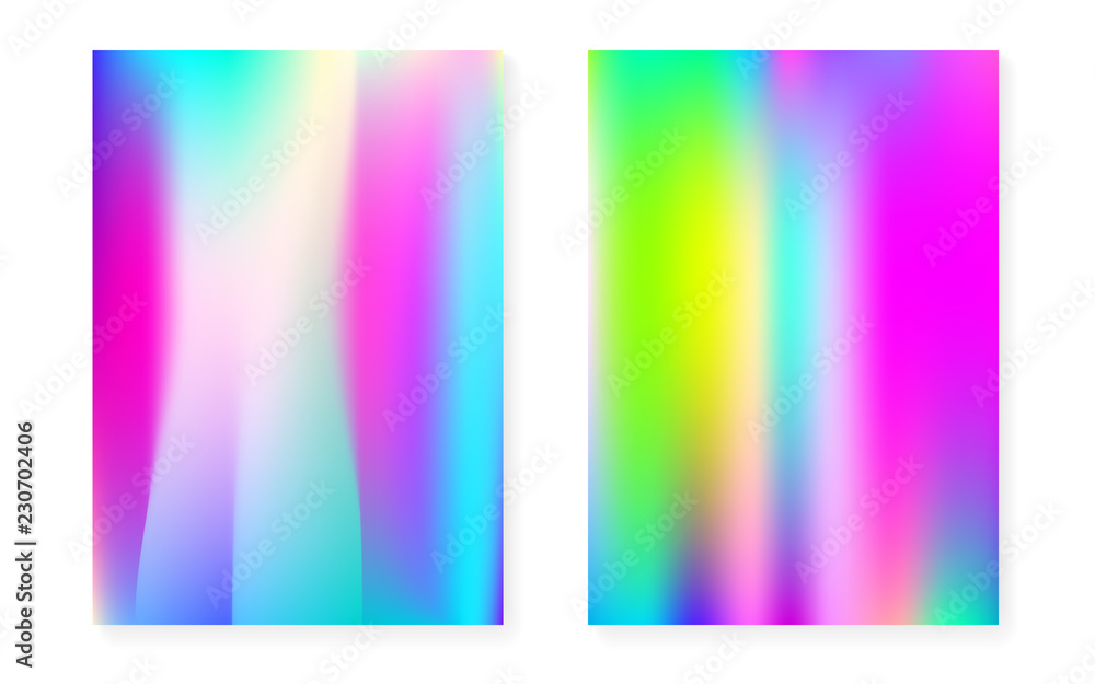 Holographic cover set with hologram gradient background. 90s, 80s retro style. Pearlescent graphic template for brochure, banner, wallpaper, mobile screen. Plastic minimal holographic cover.