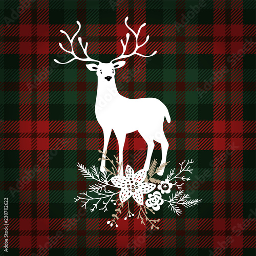 Merry Christmas greeting card, invitation. Deer animal with Christmas floral bouquet decoration. Tartan checkered plaid, vector illustration background.