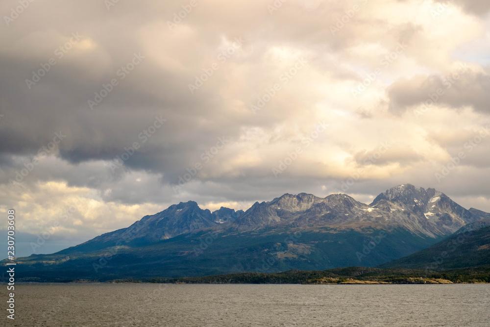 Clouds above the Beagle Channel and its surrounding mountains, Tierra del Fuego, Chile.
